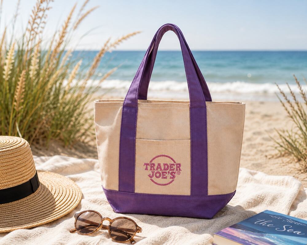 Trader Joe's Mini Pastel Canvas Tote Bag Purple Reusable Shopping Beach Tote NWT